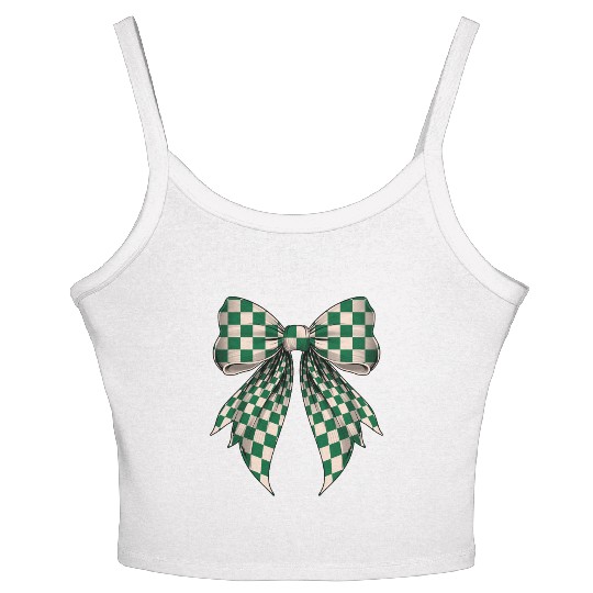 Coquette Bow Cream White Green Checkered Pattern Women's Spaghetti Strap Tank Top