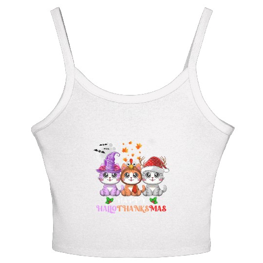 Happy HalloThanksMas Cute Cats Lover Women's Spaghetti Strap Tank Top