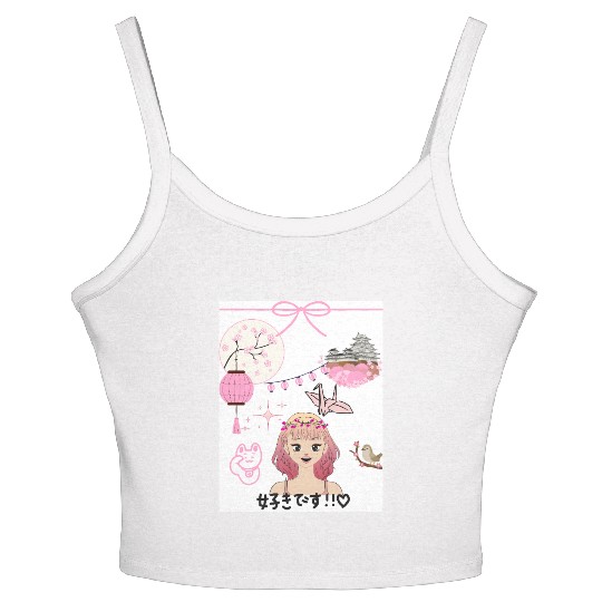 Cherry Blossom Girl with Japanese Elements Women's Spaghetti Strap Tank Top