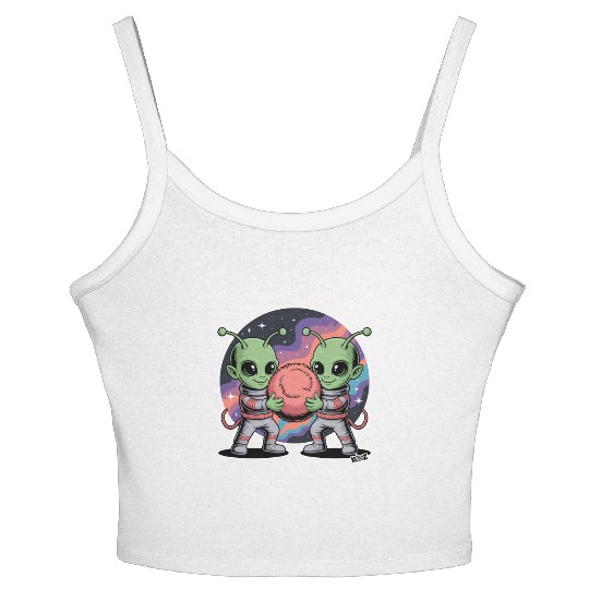 Adorable Alien Friends Embrace Cosmic Unity Women's Spaghetti Strap Tank Top
