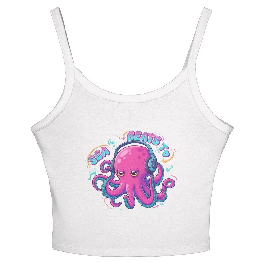 Music Loving Octopus in Vibrant Neon Style Women's Spaghetti Strap Tank Top