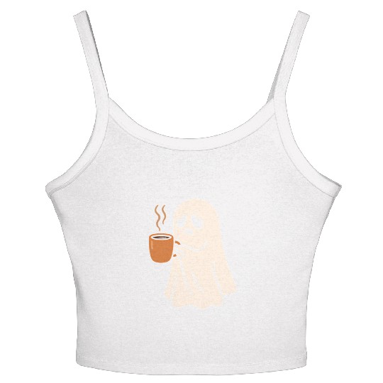 Spooky Ghost with Coffee Mug Design Women's Spaghetti Strap Tank Top