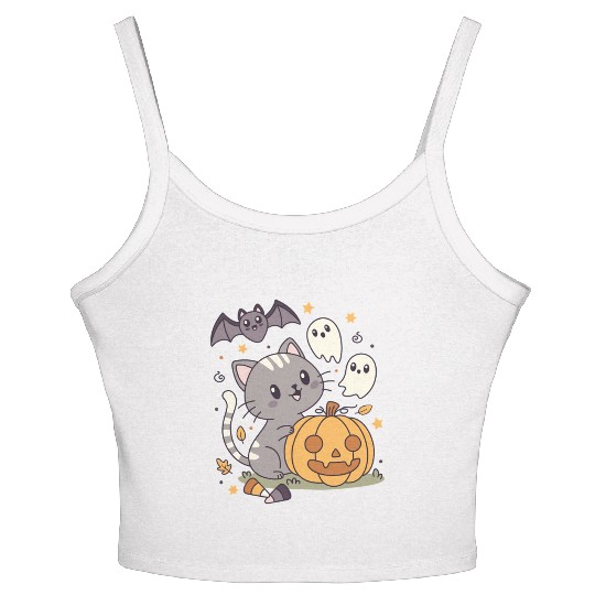 Halloween Kawaii Cat Bat Pumpkin Women's Spaghetti Strap Tank Top