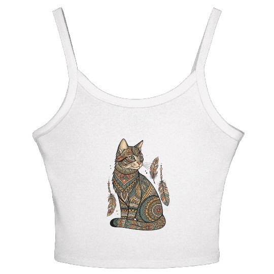 Boho Mandala Cat – Tribal Patterned Feline Art Women's Spaghetti Strap Tank Top