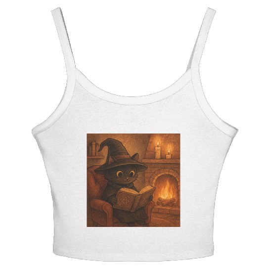 Enchanted Cat Witch by the Fireplace Women's Spaghetti Strap Tank Top