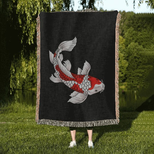 Japanese Koi Fish Carp Nishikigoi Taisho Sanke Woven Blankets