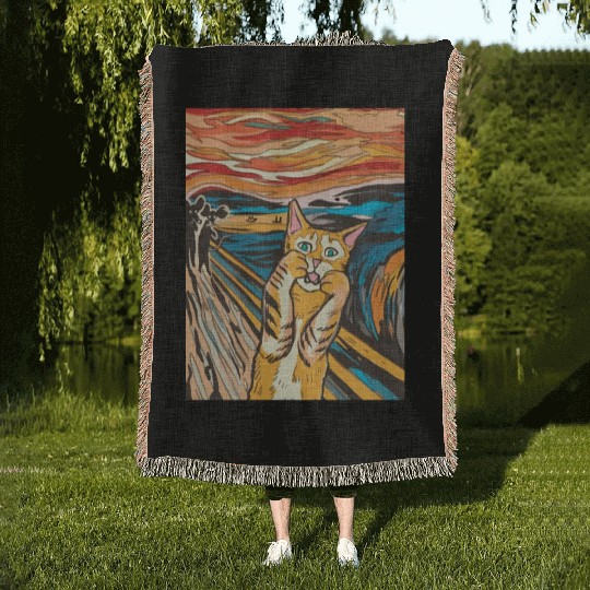 The scream of the cat Woven Blankets