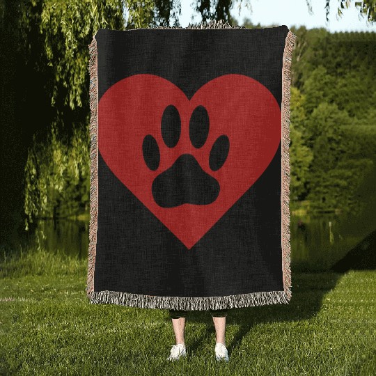 Dog Paw In Red Heart Woven Blankets