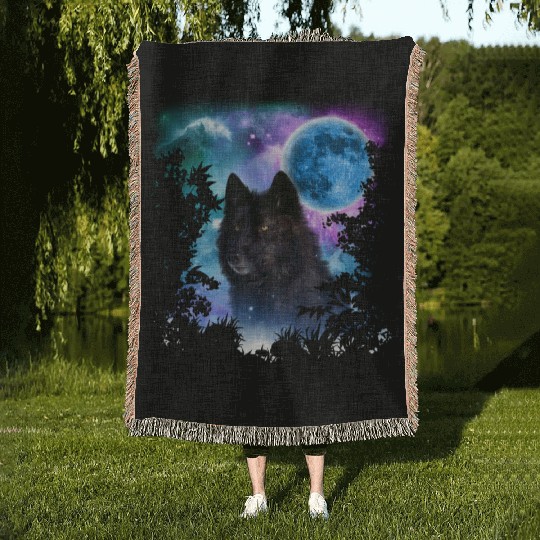 Black Wolf MidNight Forest Woven Blankets