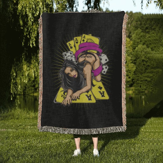 Sexy-girl-cards-aces-poker-game-cartoon Woven Blankets