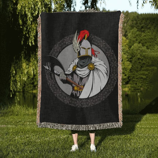 ancient warrior Sparta ax helmet raincoat pattern Woven Blankets