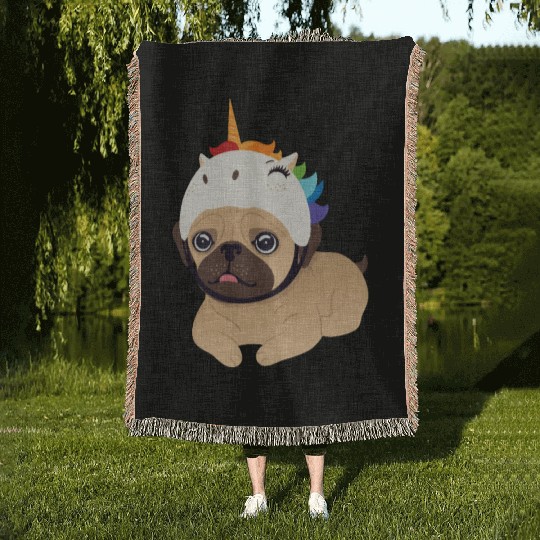 unicorn pug Woven Blankets
