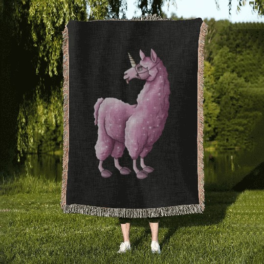 Fluffy llama unicorn pink illustration cartoon Woven Blankets