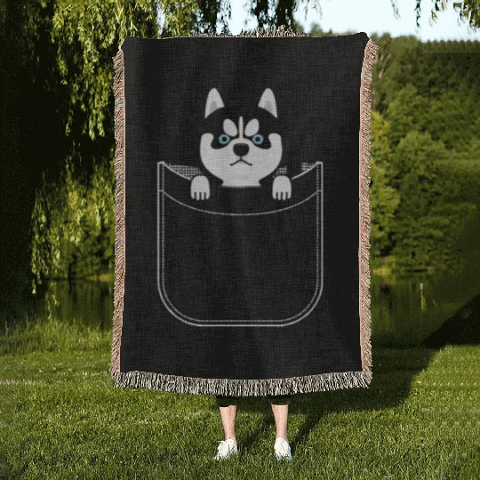 Husky In Pocket Funny Cute Puppy Expression Woven Blankets