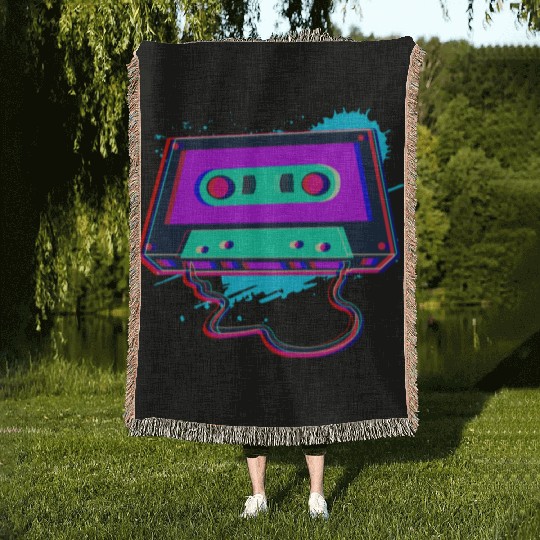 80s Music Cassette Tape : 3D, Neon, 80s songs Woven Blankets