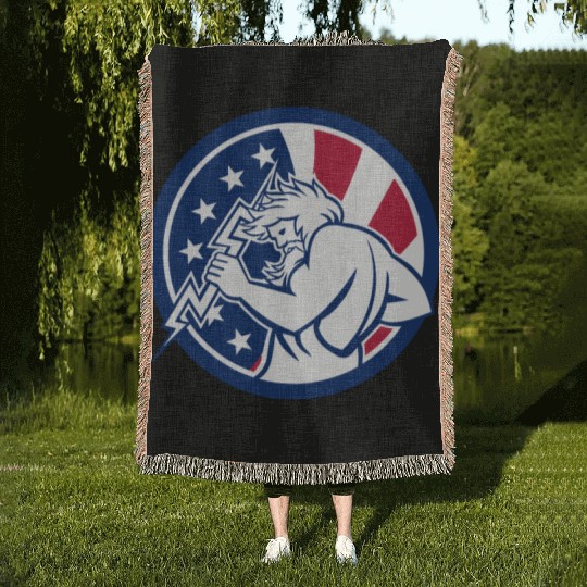 Zeus With Thunderbolt USA Flag Icon Woven Blankets