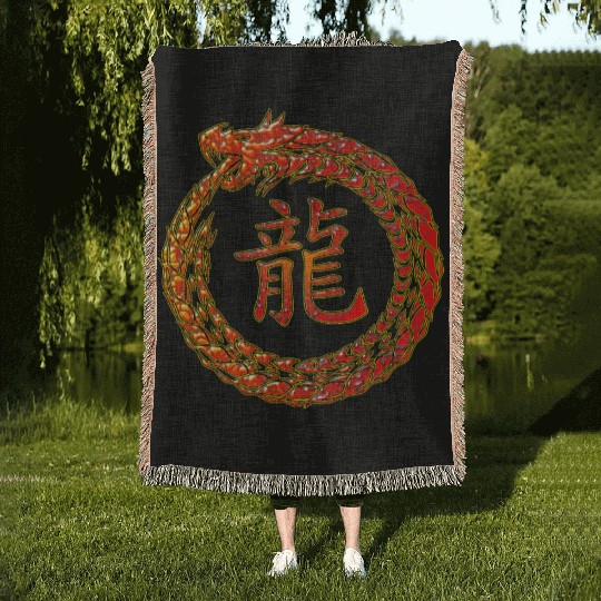 Fire Dragon In Circle with Chinese Dragon Symbol Woven Blankets