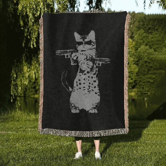 Cat - gun kitty funny cat Woven Blankets