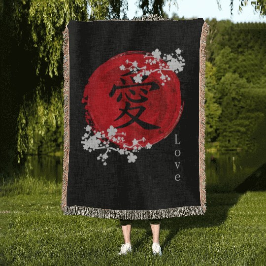 Japanese Kanji Love - Sakura Cherry Blossom Woven Blankets