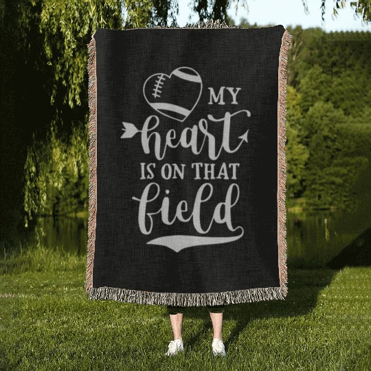 my hert is on that field football mom and dad gift Woven Blankets