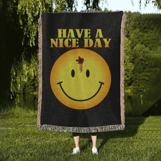 smiley face bullet hole Woven Blankets