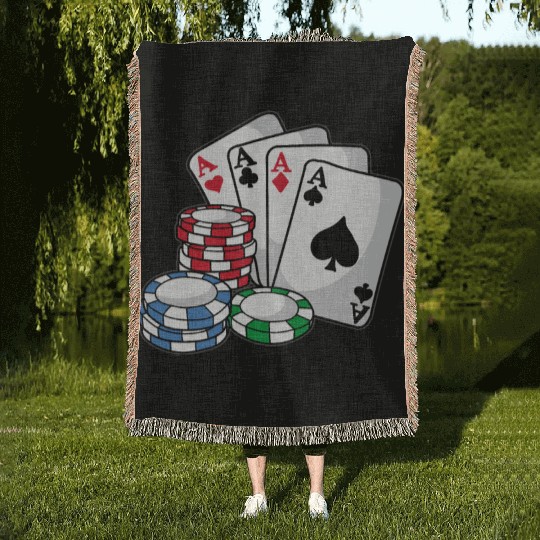 POKER CARDS AND CHIPS Texas Holdem Casino Vegas Woven Blankets