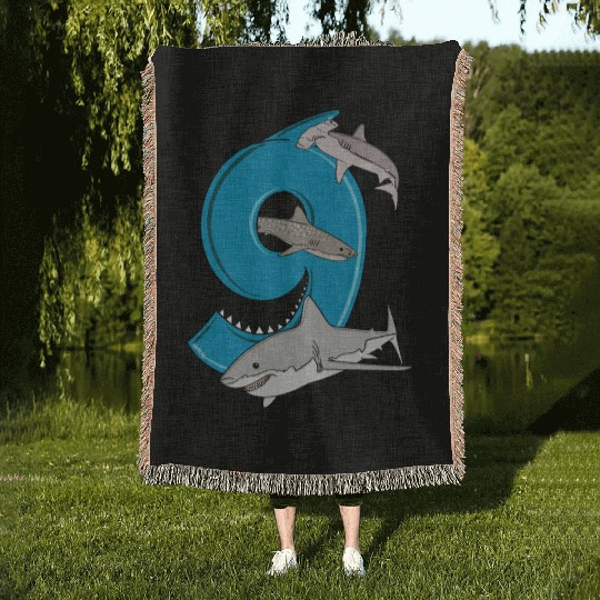 9th Birthday Woven Blankets Boys Great White Shark