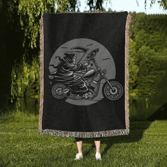 Death Motorcycle Death Grim Reaper Crow Gift Idea Woven Blankets