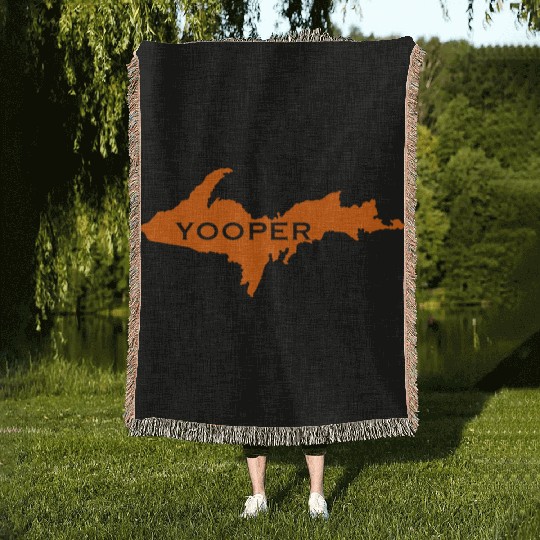 Yooper Hunter Blaze Orange Michigan UP design Woven Blankets