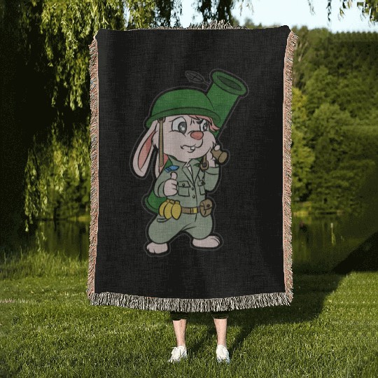 CUTE BUNNY WITH BAZOOKA Soldier Pacifist Private Woven Blankets
