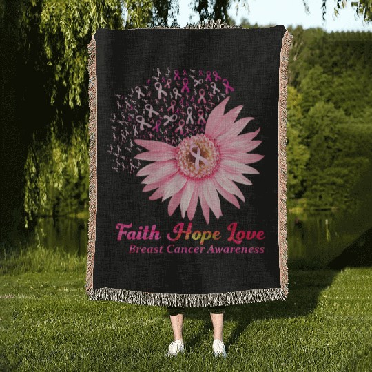Faith Hope Love Breast Cancer Awareness Flower Pin Woven Blankets