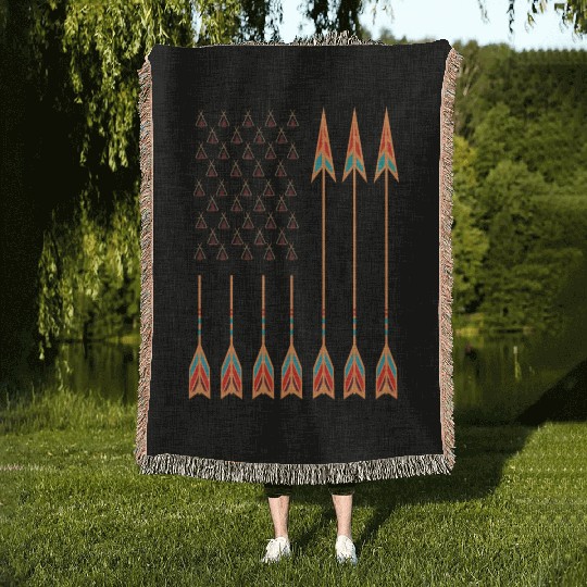 Native American Day with tents & arrows as US flag Woven Blankets