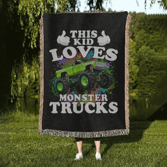 This Kid Loves Monster Trucks Woven Blankets