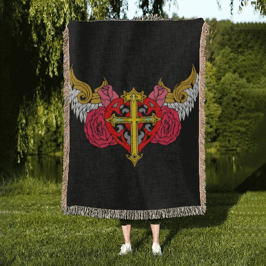 heart cross angel Woven Blankets