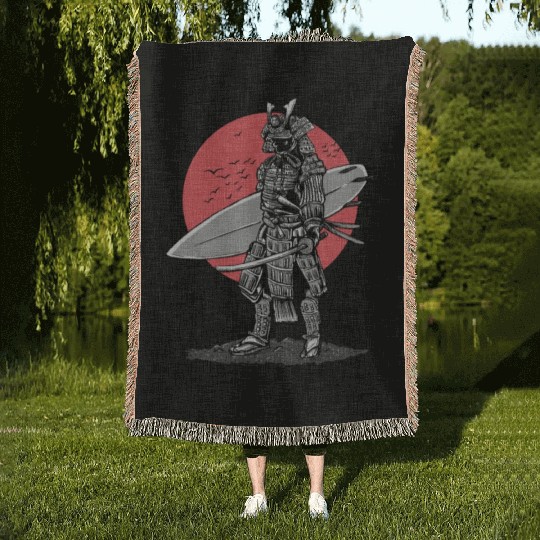 Samurai Surfer Red Sun Woven Blankets