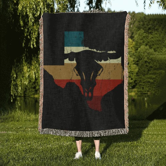 Vintage Texas State Longhorn Silhouette Cowboy Woven Blankets