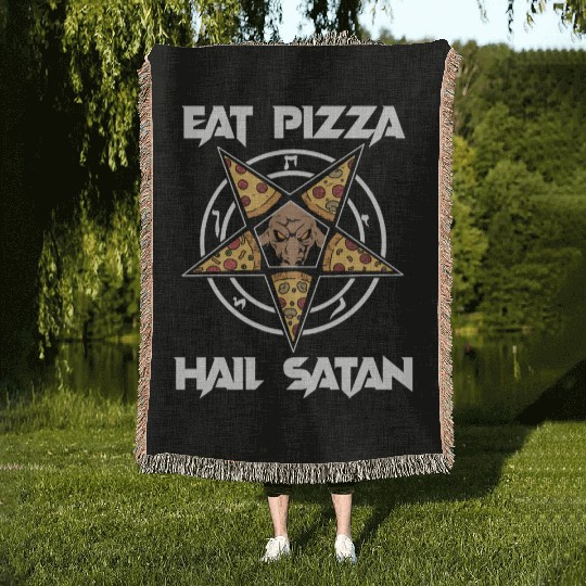 Baphomet Pentagram Lucifer Eat Pizza Hail Satan Woven Blankets