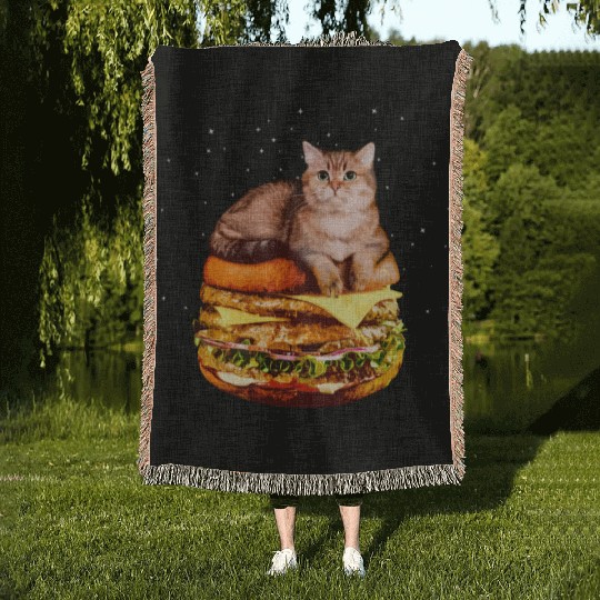 Hamburger Space Cat Funny Kitty Gift Woven Blankets