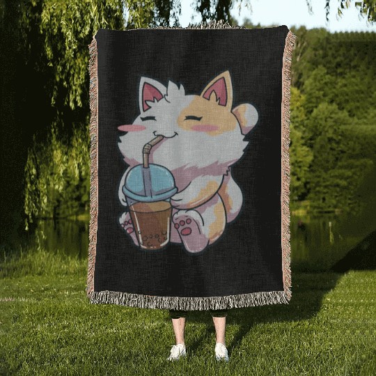 Cat Bubble Tea Anime Woven Blankets
