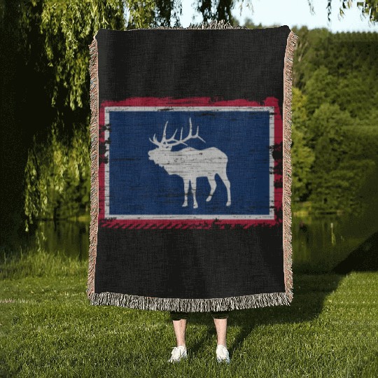 Wyoming Flag Elk Hunting Season For Deer Hunter Woven Blankets