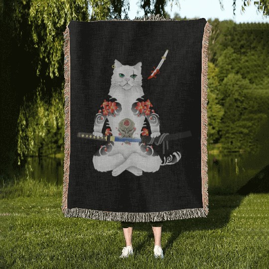 Japanese Samurai Cat Katana Ninja Yakuza Tattoo Woven Blankets