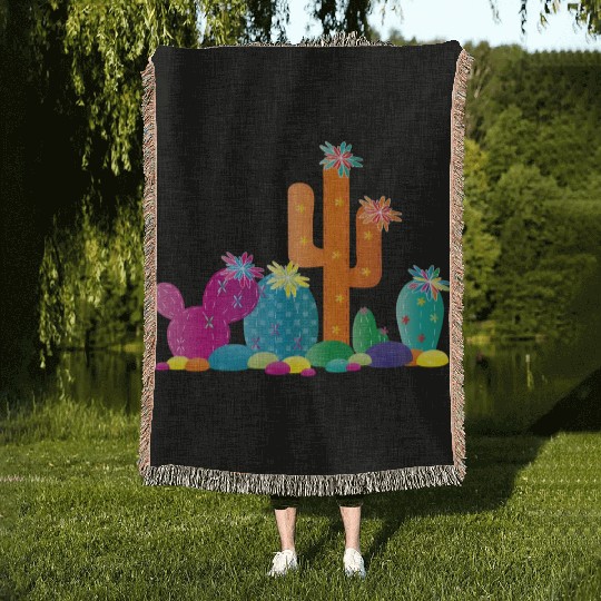 bright cactus rock garden with cactus flowers Woven Blankets