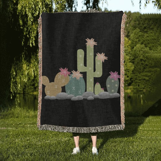 Cactus rock garden with different cacti Woven Blankets