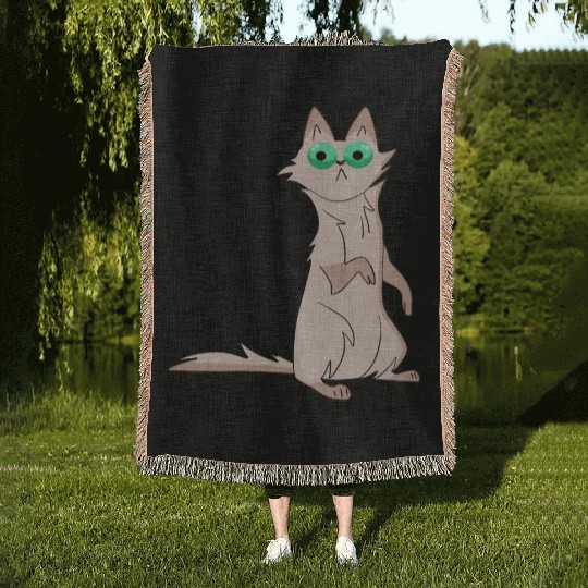 Funny hilarious shocked surprised grey cat cartoon Woven Blankets