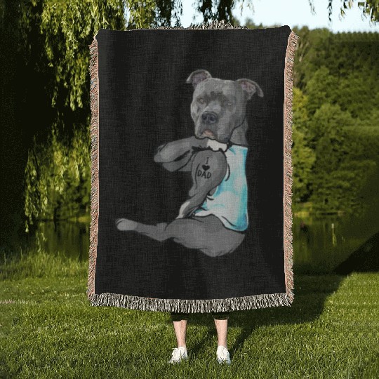Funny Dog Pitbull I Love Dad Tattoo Woven Blankets Father
