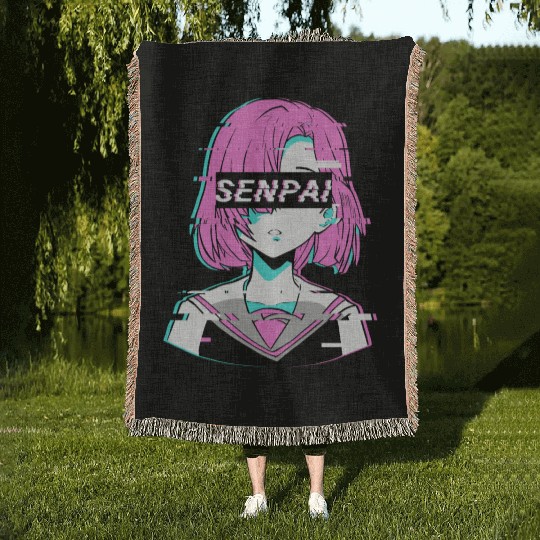 Aesthetic Vaporwave Anime Girl - Notice Me Senpai Woven Blankets