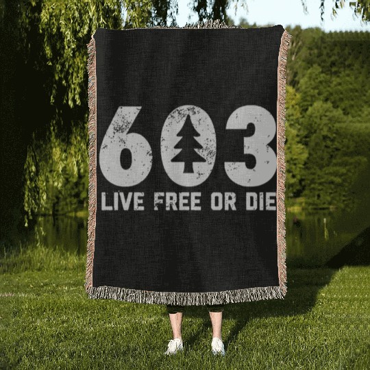 Live Free or Die 603 tree New Hampshire Woven Blankets
