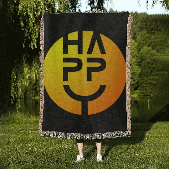 (I am) HAPPY — Round Smiley Typeface Yellow Orange Woven Blankets
