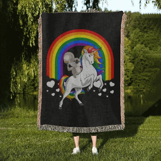 LGBT Koala Bear Riding Unicorn Gay Pride Rainbow Woven Blankets