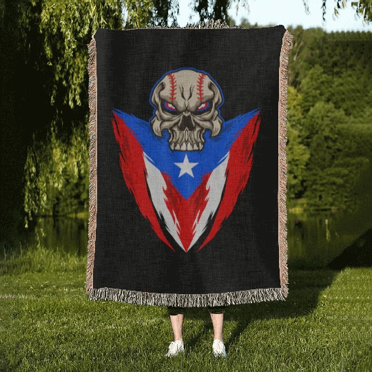 Puerto Rico Baseball Skull Woven Blankets